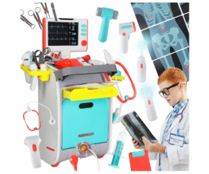 Suur laste arstikomplekt ratastel sinise ja punase tööjaamaga.