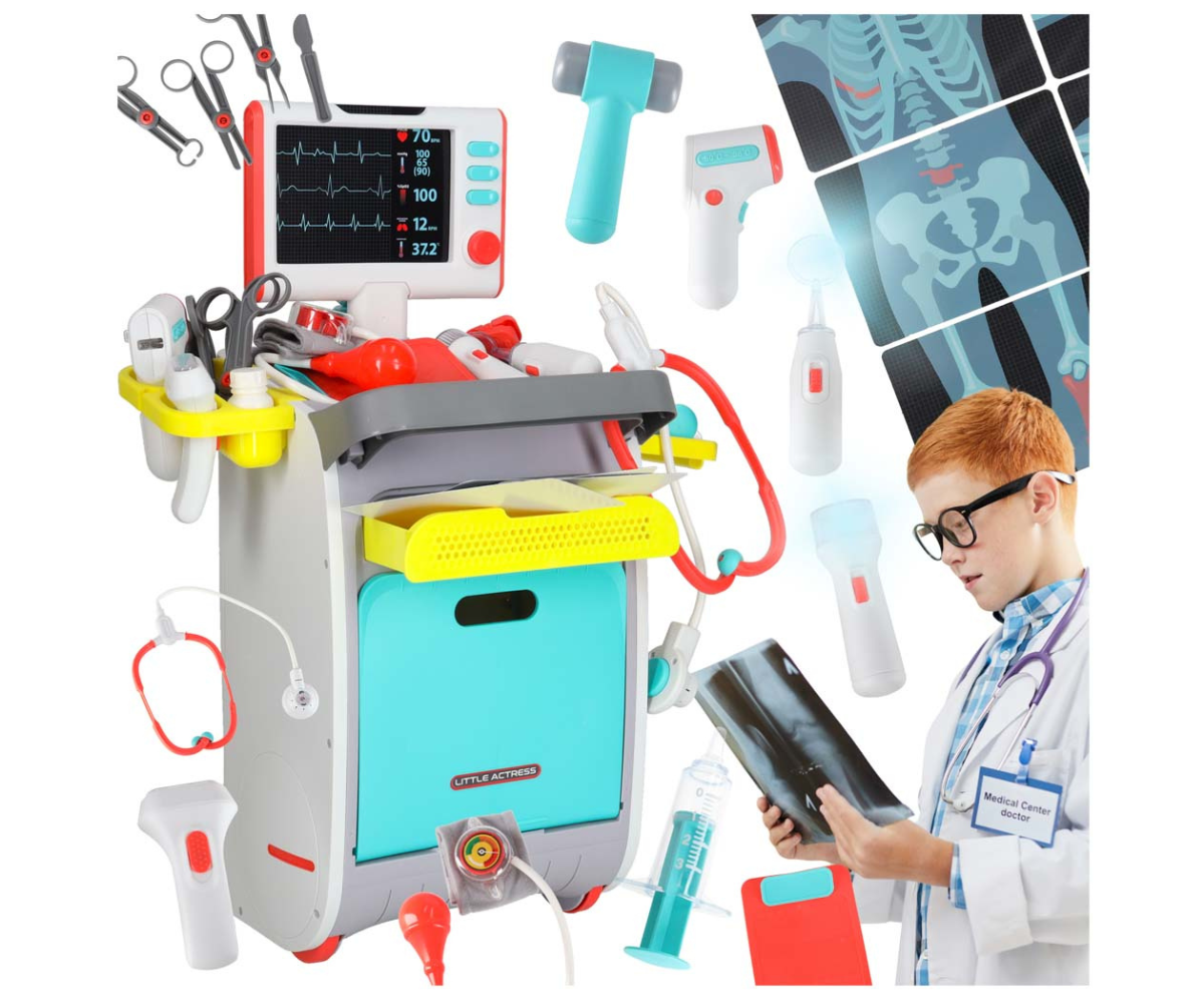 Suur laste arstikomplekt ratastel sinise ja punase tööjaamaga.