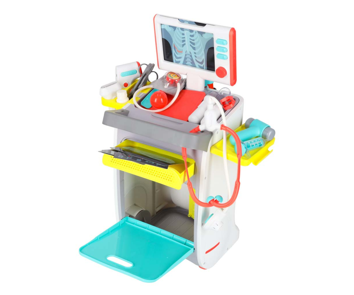 Arstikomplekti tööpind koos steto­skoopi, süstla ja termomeetriga.