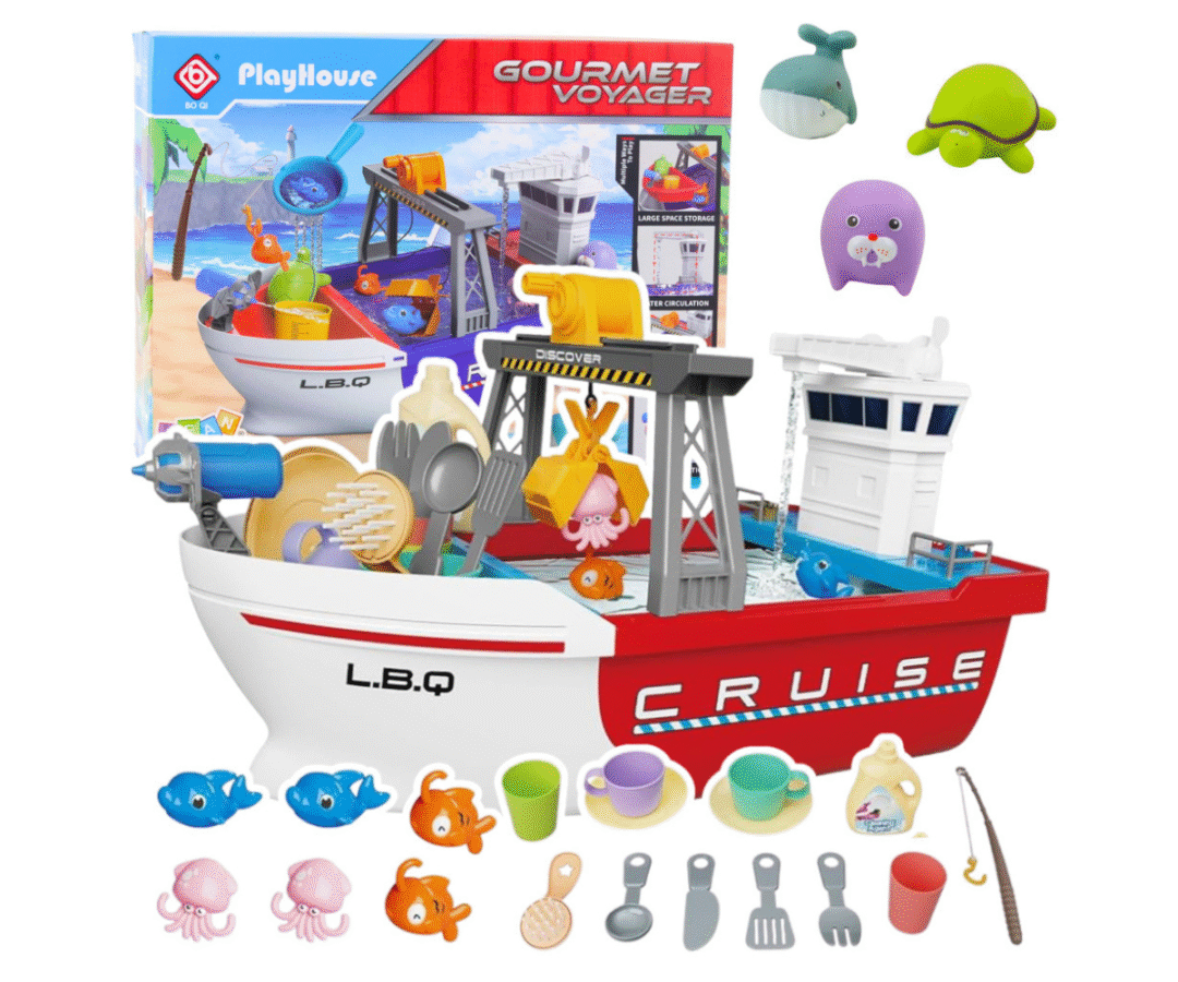 Laste interaktiivne kalastuslaev veeringlusega ja värviliste tarvikutega vannis mängimiseks