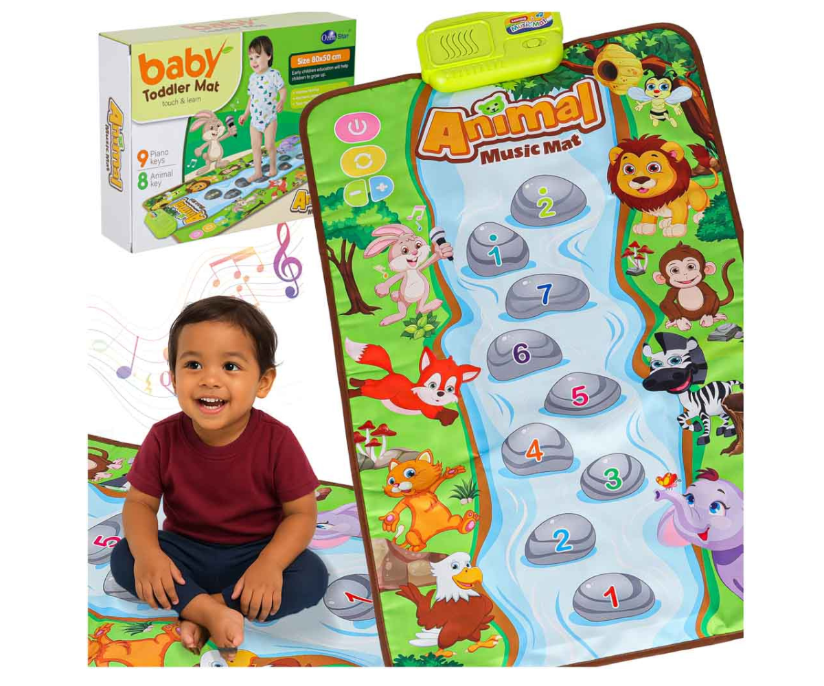 Värviline interaktiivne muusikamatt lastele loomade ja klahvidega.
