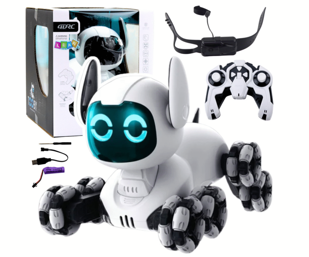 TOOBY robotkoer musta ja valge disainiga seisab laual, LED-tuled põlevad.