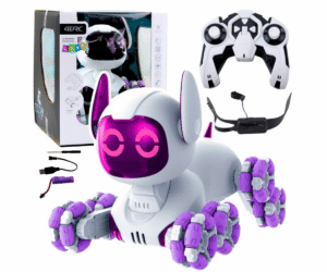 Valge ja lilla interaktiivne TOOBY robotkoer LED-tuledega mänguvalmis.