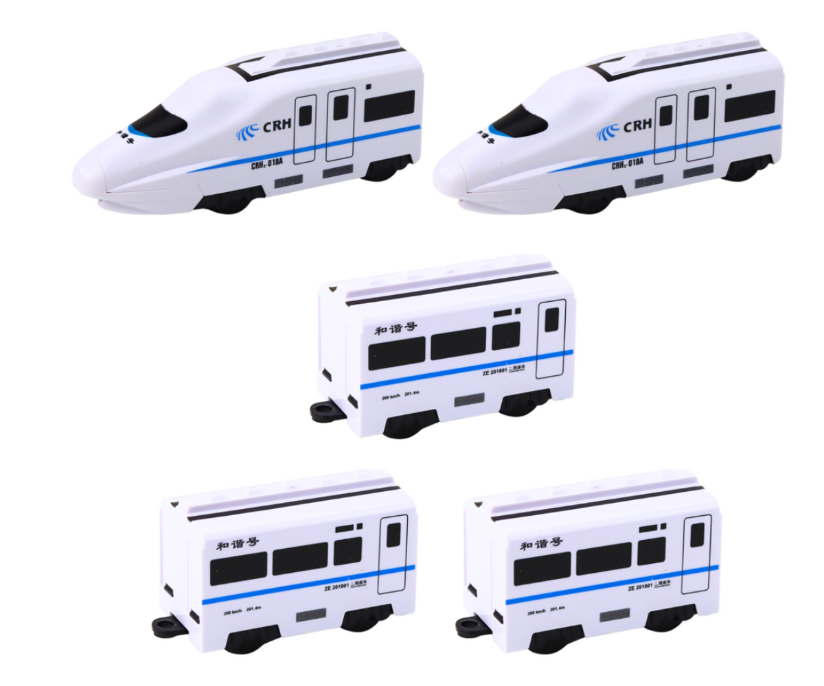 Lokomotiiv ja vagunid ühendatuna – realistliku disainiga valge rong.