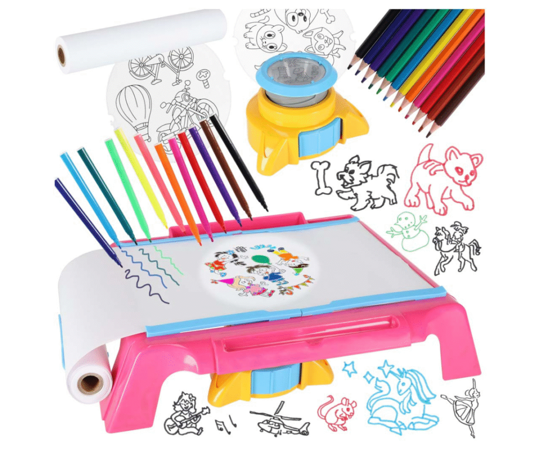 Roosa projektoriga joonistuslaud laste joonistamiseks ja värvimiseks.