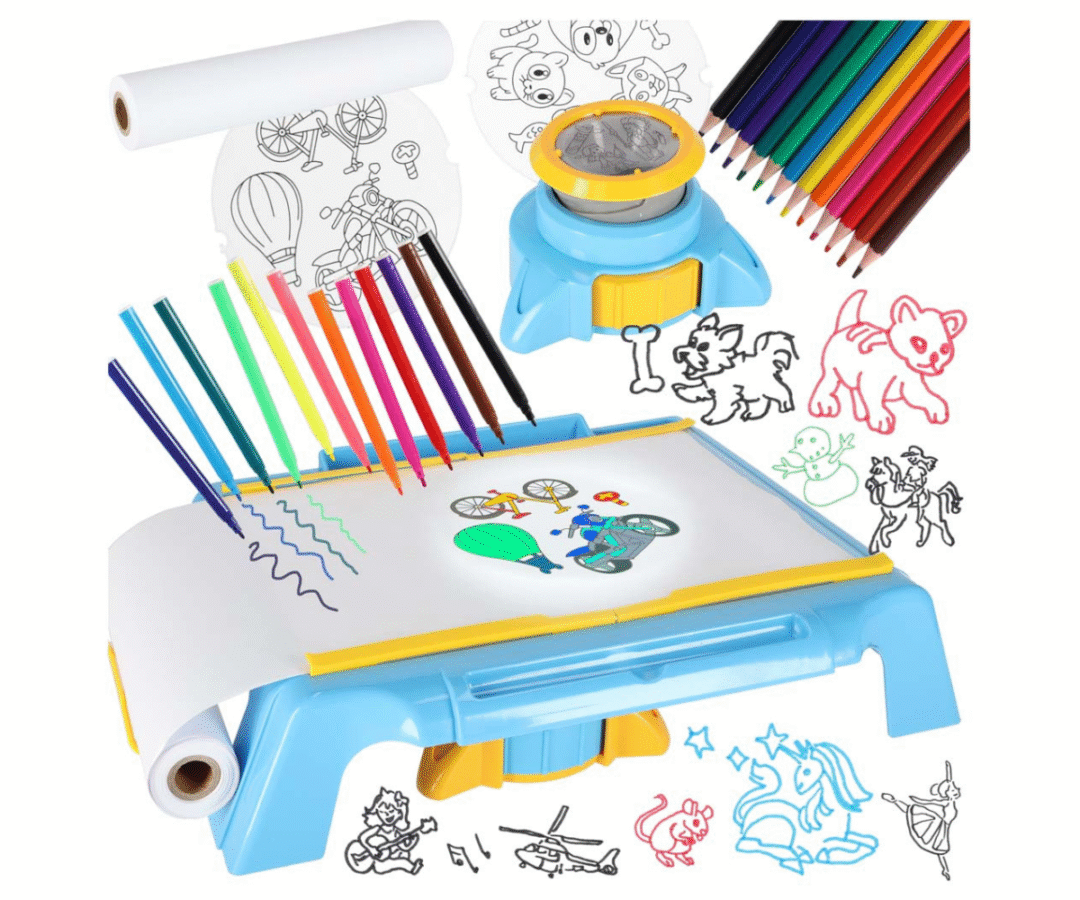 Sinine joonistuslaud LED-projektoriga ja värviliste markeritega.