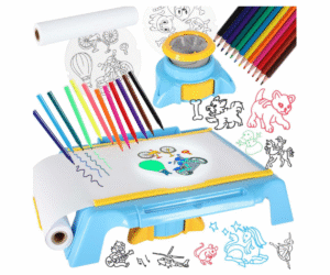 Sinine joonistuslaud LED-projektoriga ja värviliste markeritega.