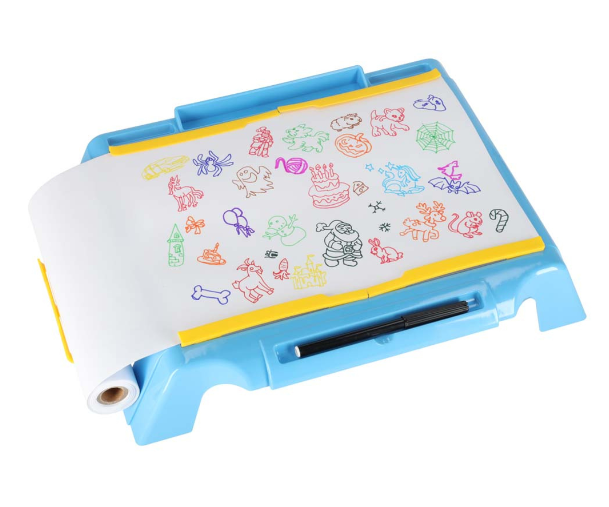 Hariv joonistuskomplekt lastele – laud, projektor ja värvipliiatsid.