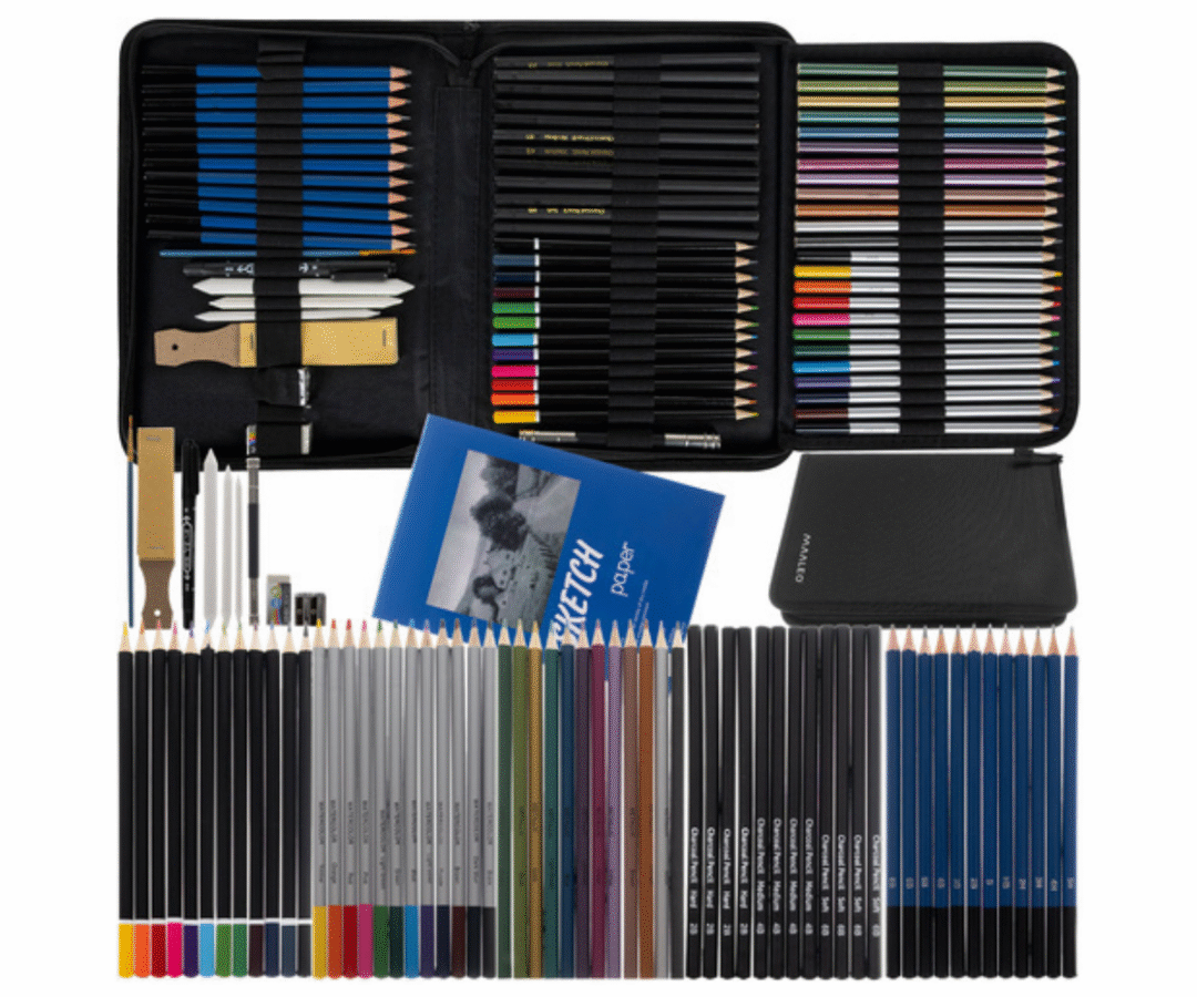 Maaleo 74-osaline joonistustarvikute komplekt avatud mustas lukuga karbis.