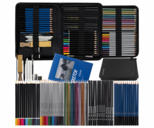 Maaleo 74-osaline joonistustarvikute komplekt avatud mustas lukuga karbis.