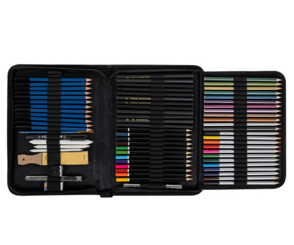 Joonistamis- ja skitseerimispliiatsid elastsete kinnituste all karbis reas.