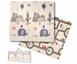 Kahepoolne laste vahtmatt suurusega 180 × 200 cm, metsateemaline pool nähtaval.