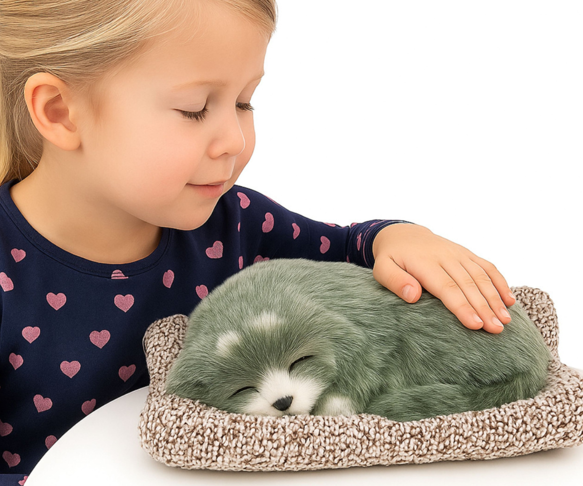 Pehme karvaga husky figuur sinisel padjal heliefektidega