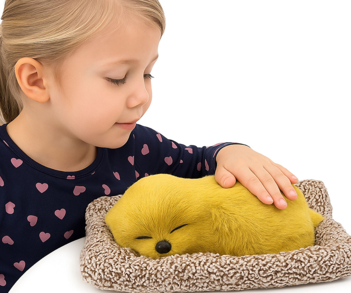 Magav labrador figuur pehme kunstkarvaga ja sinisel padjal