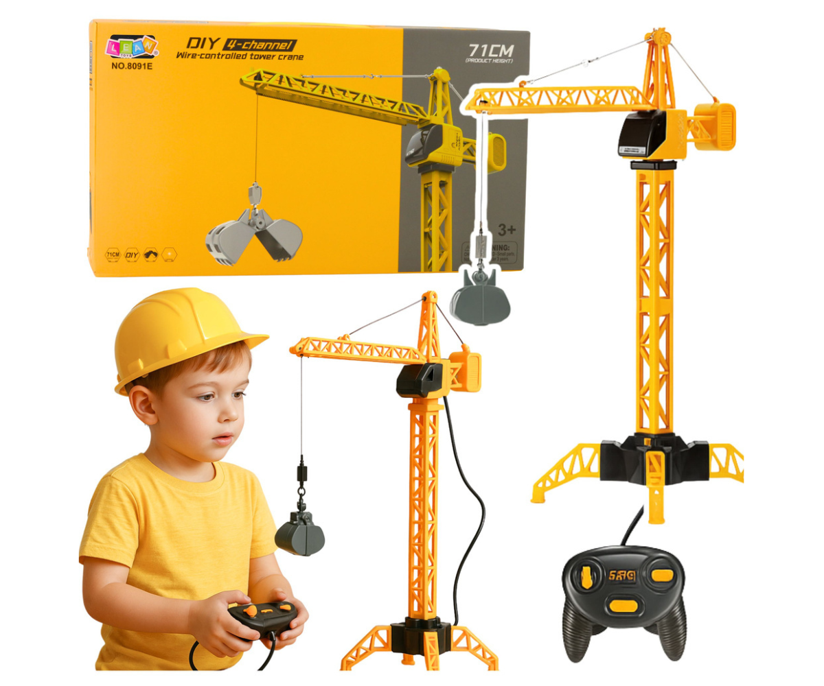 Kogu komplekt: kraana, juhtpult ja tarvikud pakendi kõrval.