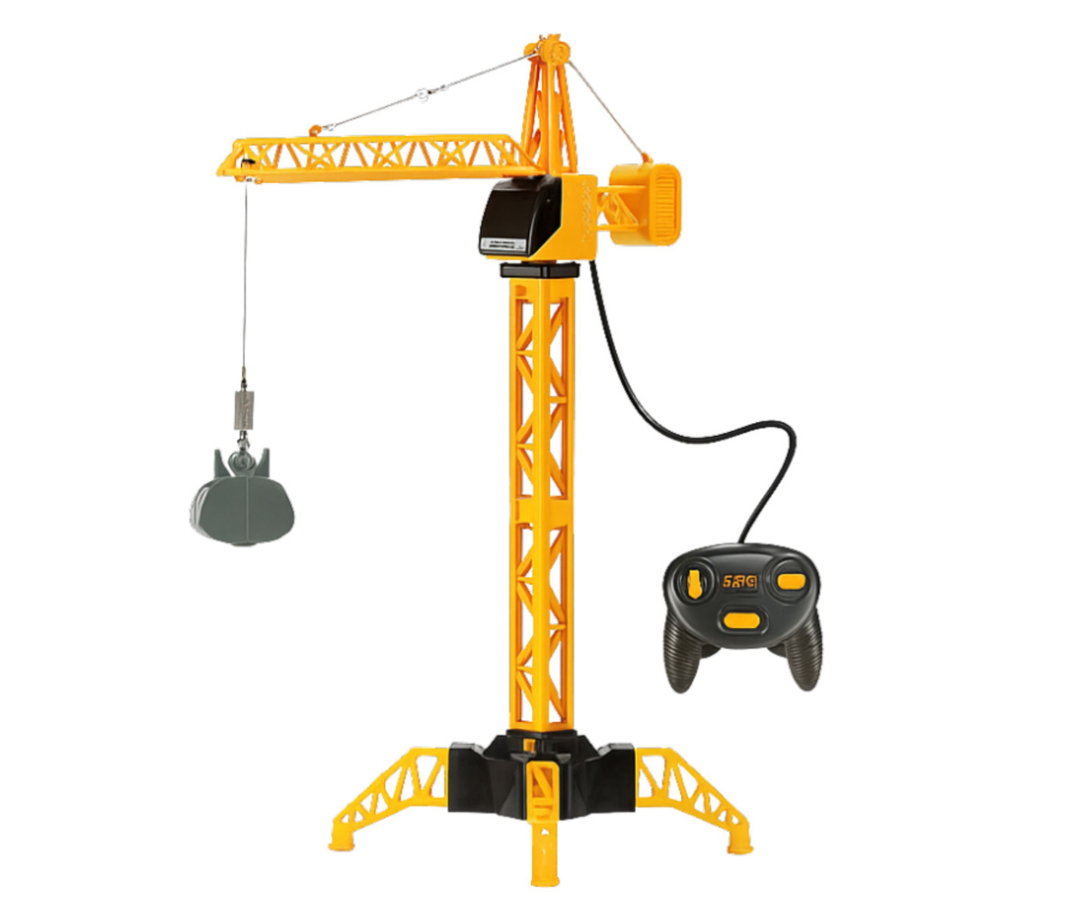 Ehituskraana tõstemas väikest mängukoormat konksu ja slingiga.