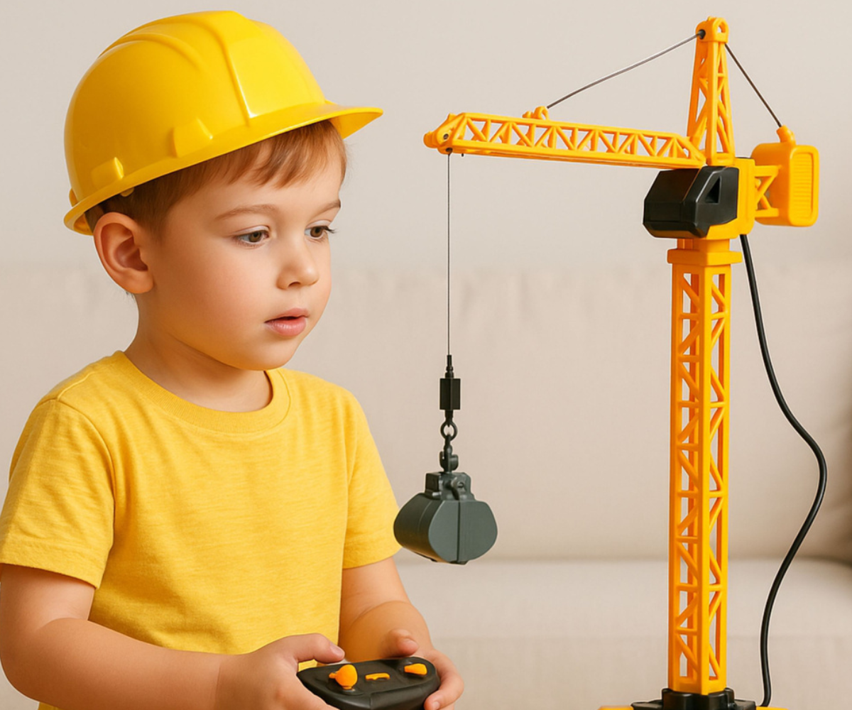 Laps kasutamas kaugjuhitava kraana pulti, kraana pöörlemas 360 kraadi.