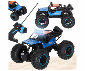 Kaugjuhitav 4x4 maastikuauto musta ja sinise värviga sõitmas kruusal.