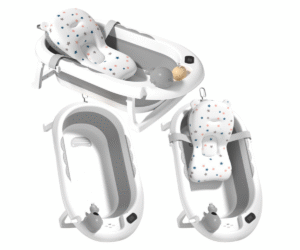 Hall kokkupandav beebivann sisseehitatud termomeetri ja tähekestega madratsiga.