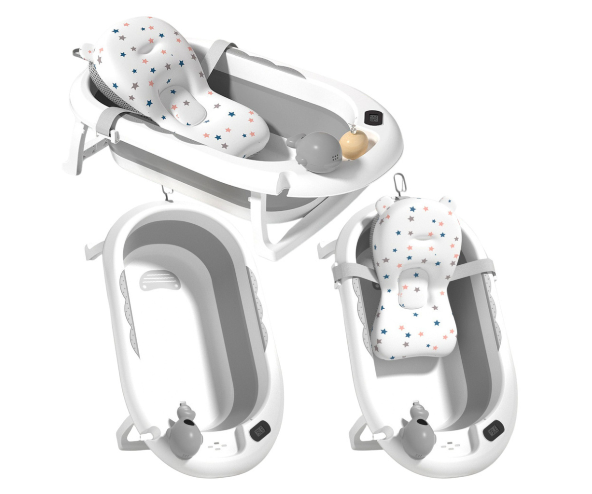 Hall kokkupandav beebivann sisseehitatud termomeetri ja tähekestega madratsiga.