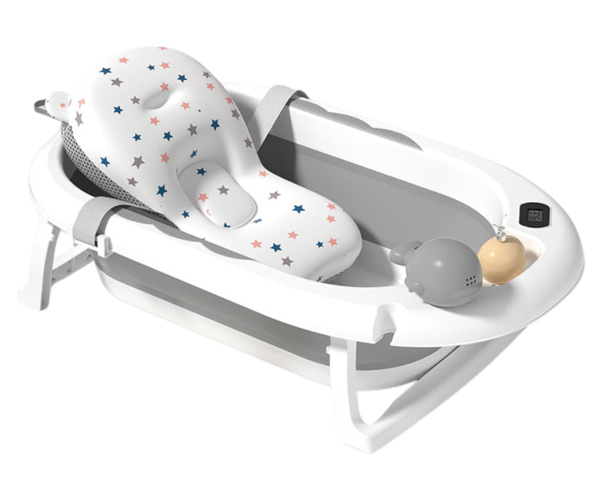 Beebivann LED-termomeetri ekraaniga, mis näitab vee temperatuuri reaalajas.