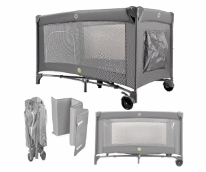 Hall kokkupandav reisivoodi beebile koos hingavate võrgukülgedega.