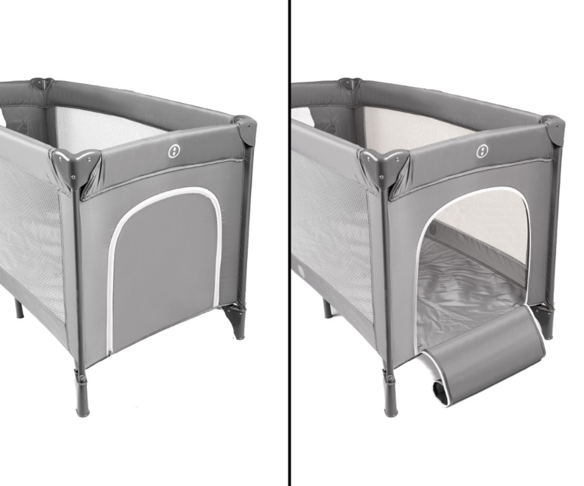 Reisivoodi hallis toonis, nähtav võrgust külg ja tasku väikestele asjadele.