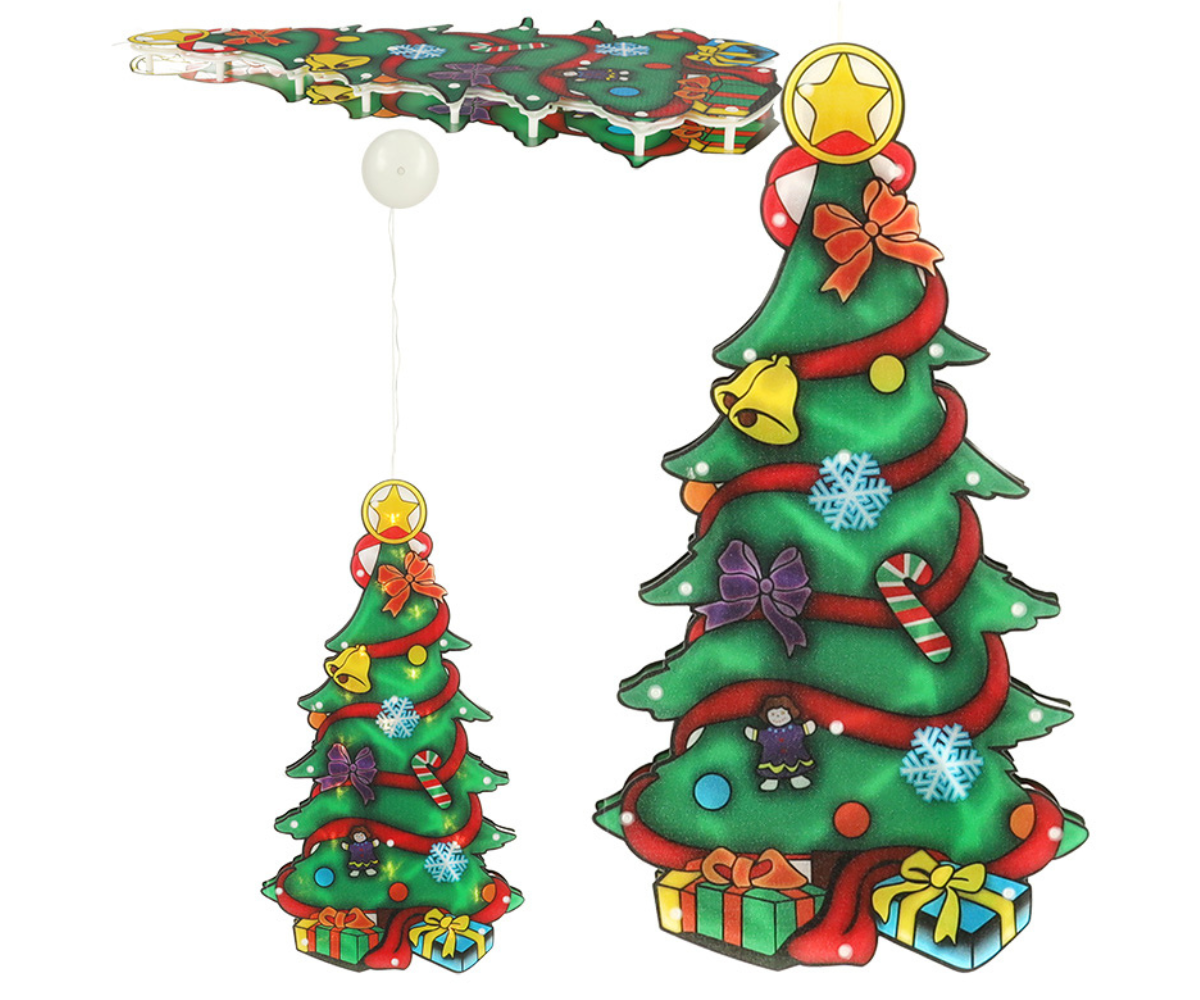 LED jõulupuu rippkaunistus aknal, valgustatud “Merry Christmas” tekstiga.