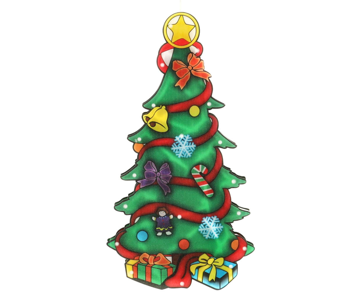 Valgustusega jõulupuu detailvaade, ere soe valgus ja värvilised elemendid.