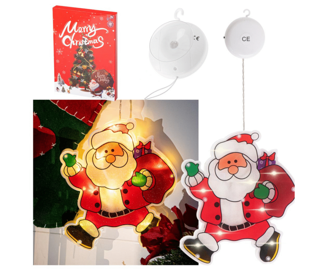 LED rippkaunistus jõuluvana kujuga, soe valge valgus süttimas pimedas toas.