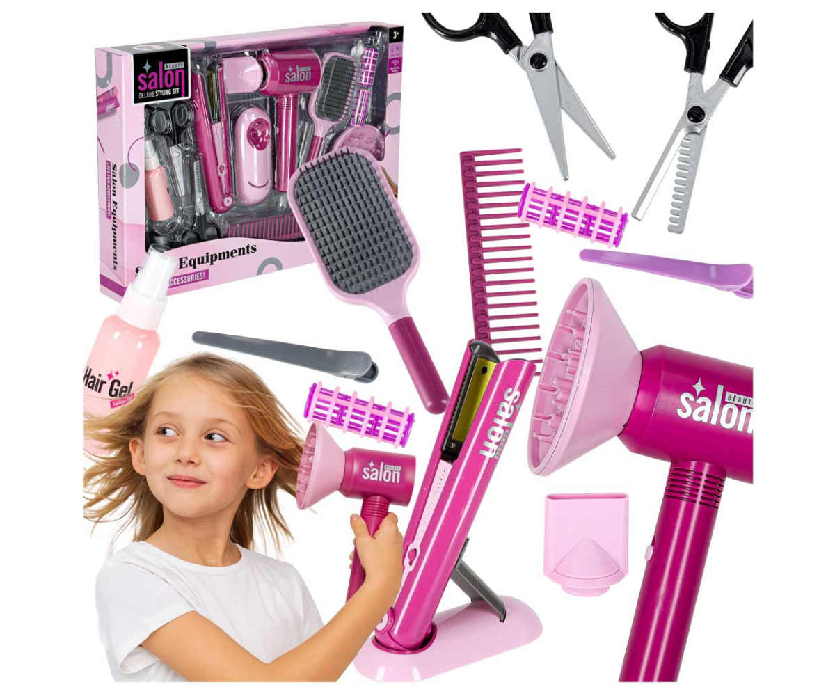 Laste juuksurikomplekt roosas toonis koos fööni ja sirgendajaga.