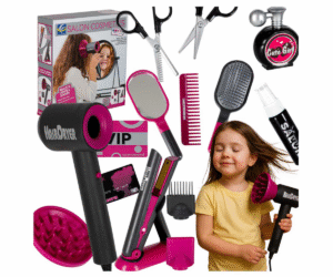 Laste juuksurikomplekt 19-osaline koos fööni, sirgendaja ja tarvikutega.