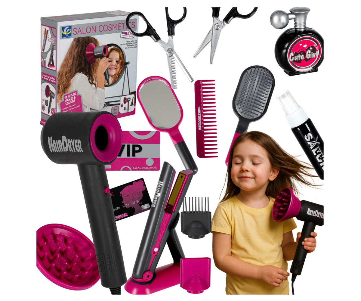 Laste juuksurikomplekt 19-osaline koos fööni, sirgendaja ja tarvikutega.