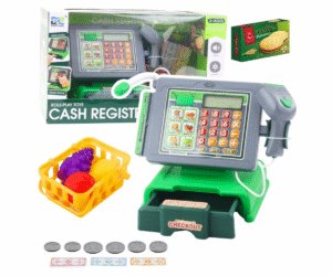 Roheline laste mängukassa mikrofoniga ja ostukorviga.