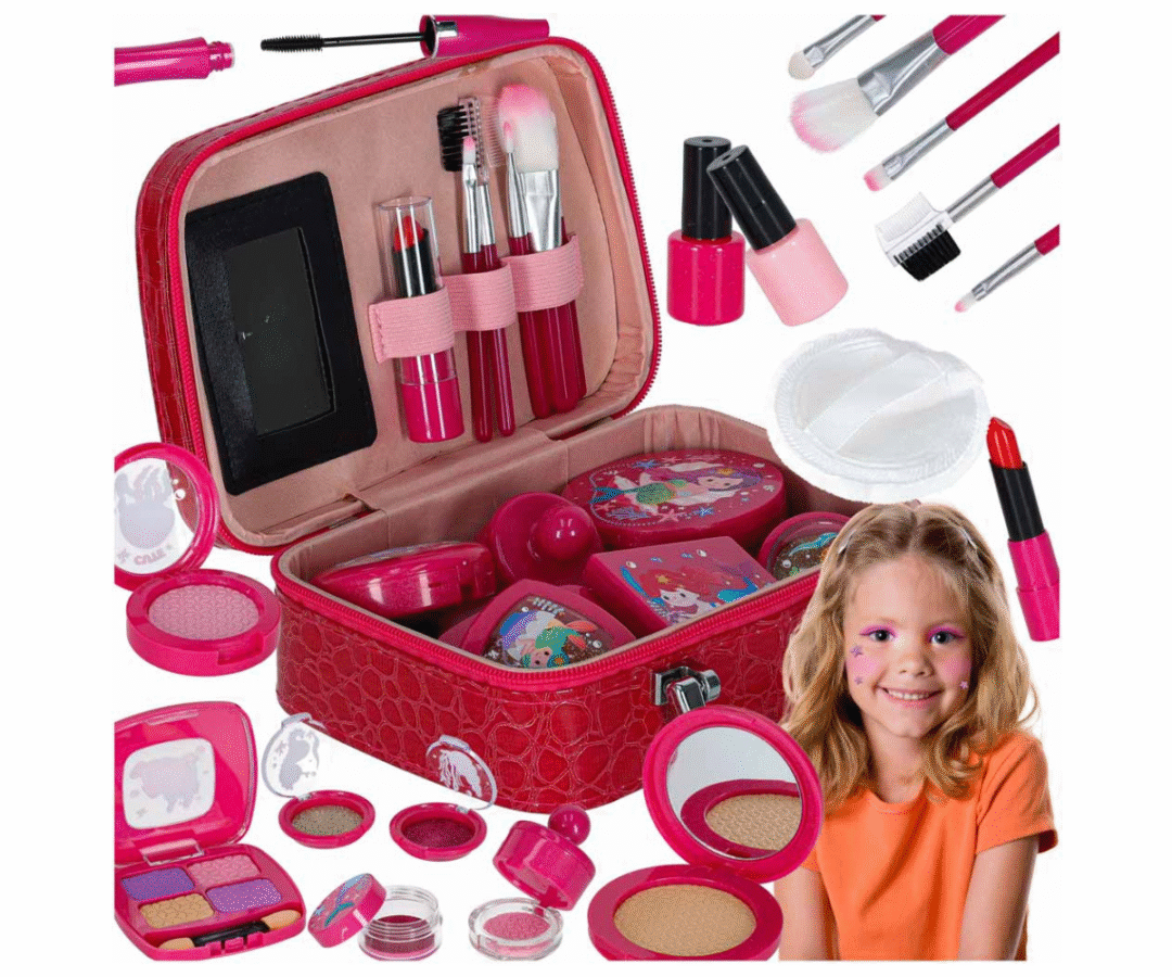 Roosa merineitsi teemaline laste meigikohver peegli ja sangaga.