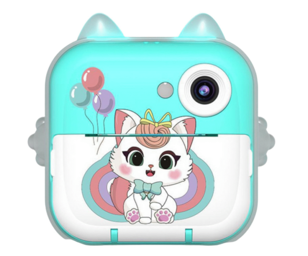 Komplektis olevad tarvikud: termopaberirullid, USB-C kaabel ja kaelapael kaamera kõrval.