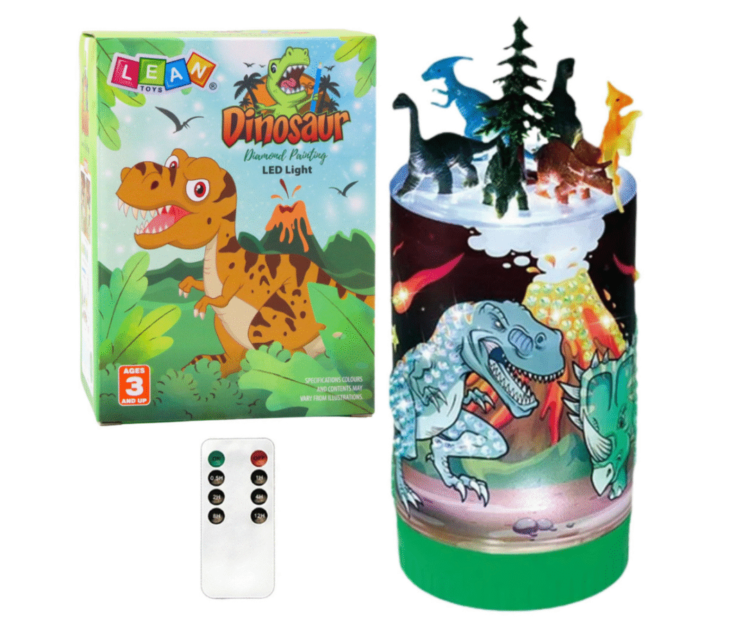 Laps meisterdamas dinosauruste teemalist öölampi teemantkleebiste ja figuuridega.