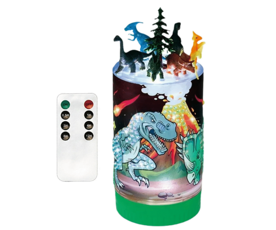 Dinosauruste öölamp süttimas värviliste LED-tuledega lapse toas.