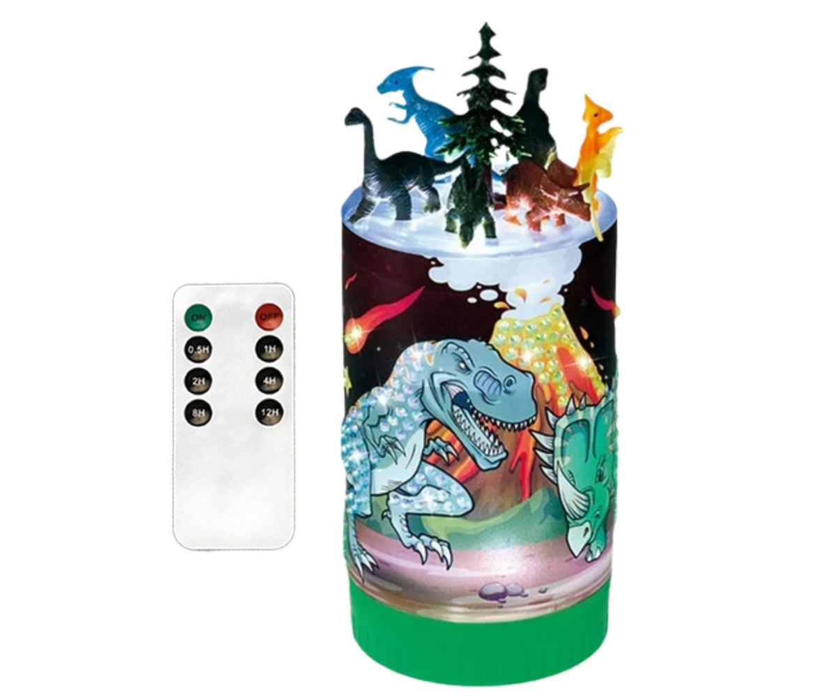 Dinosauruste öölamp süttimas värviliste LED-tuledega lapse toas.