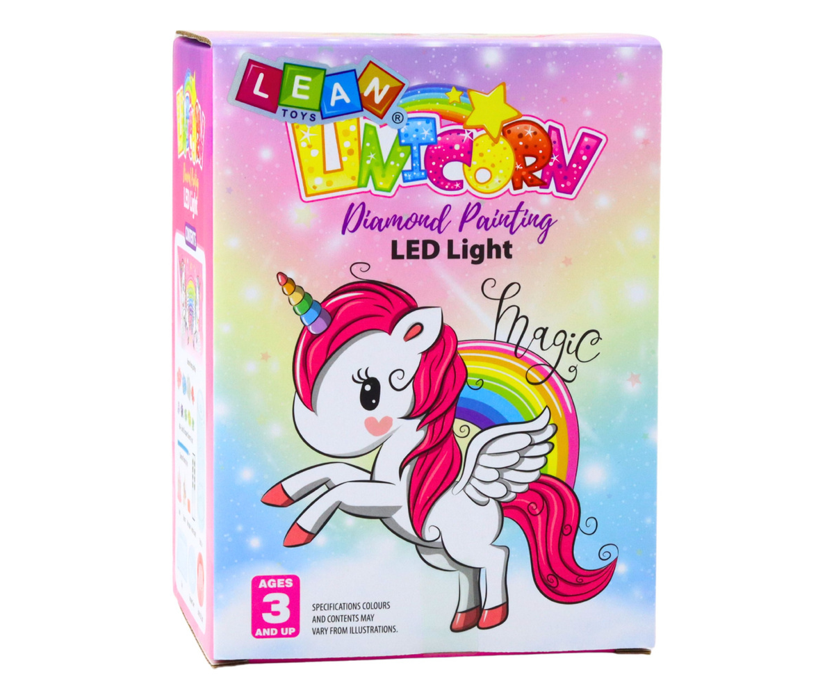 Ükssarviku öölamp komplektis koos teemantkleebiste ja kaunistustarvikutega.