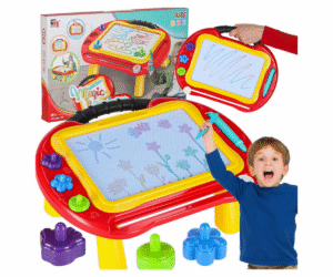 Punane magnetiline joonistustahvel kollaste jalgade ja värvilise joonistuspinnaga