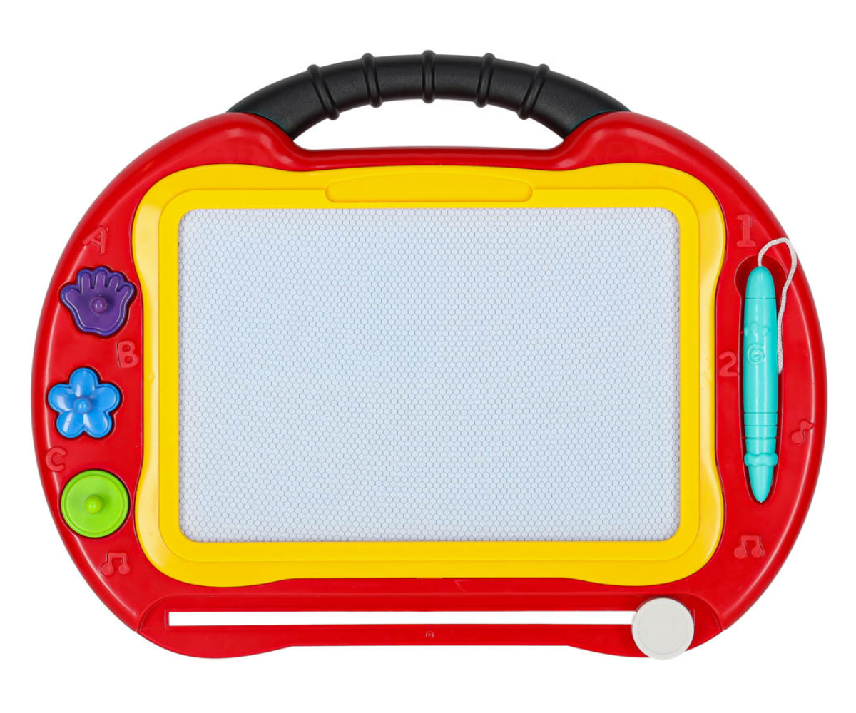 Magnetiline joonistustahvel koos kolme värvilise templiga – roheline, sinine ja lilla.