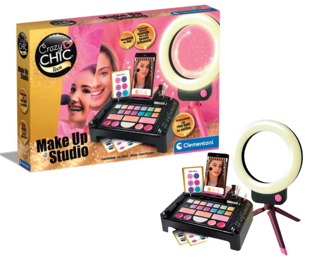 Crazy Chic meigikomplekt valgustusega ja telefonialusega, kõik osad avatud kujul.