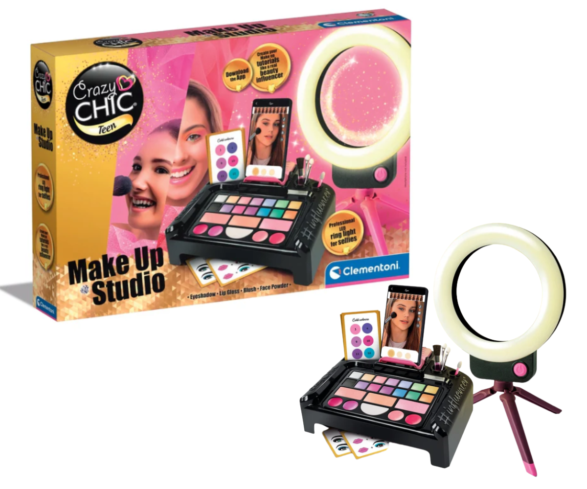 Crazy Chic meigikomplekt valgustusega ja telefonialusega, kõik osad avatud kujul.