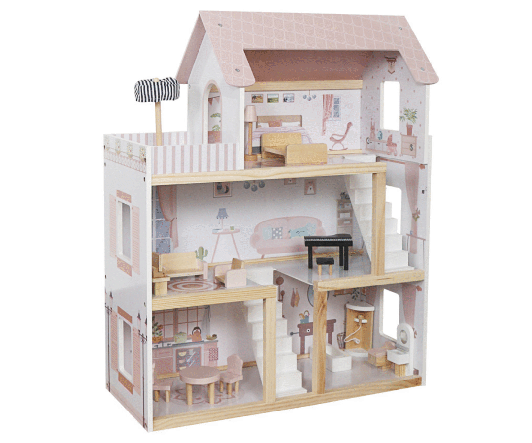 Puidust kolmekorruseline pastelsetes toonides nukumaja koos LED-valgustusega.