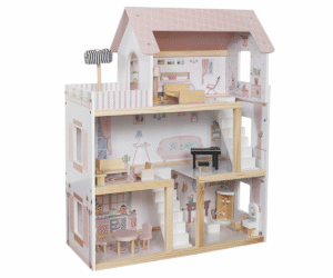 Puidust kolmekorruseline pastelsetes toonides nukumaja koos LED-valgustusega.