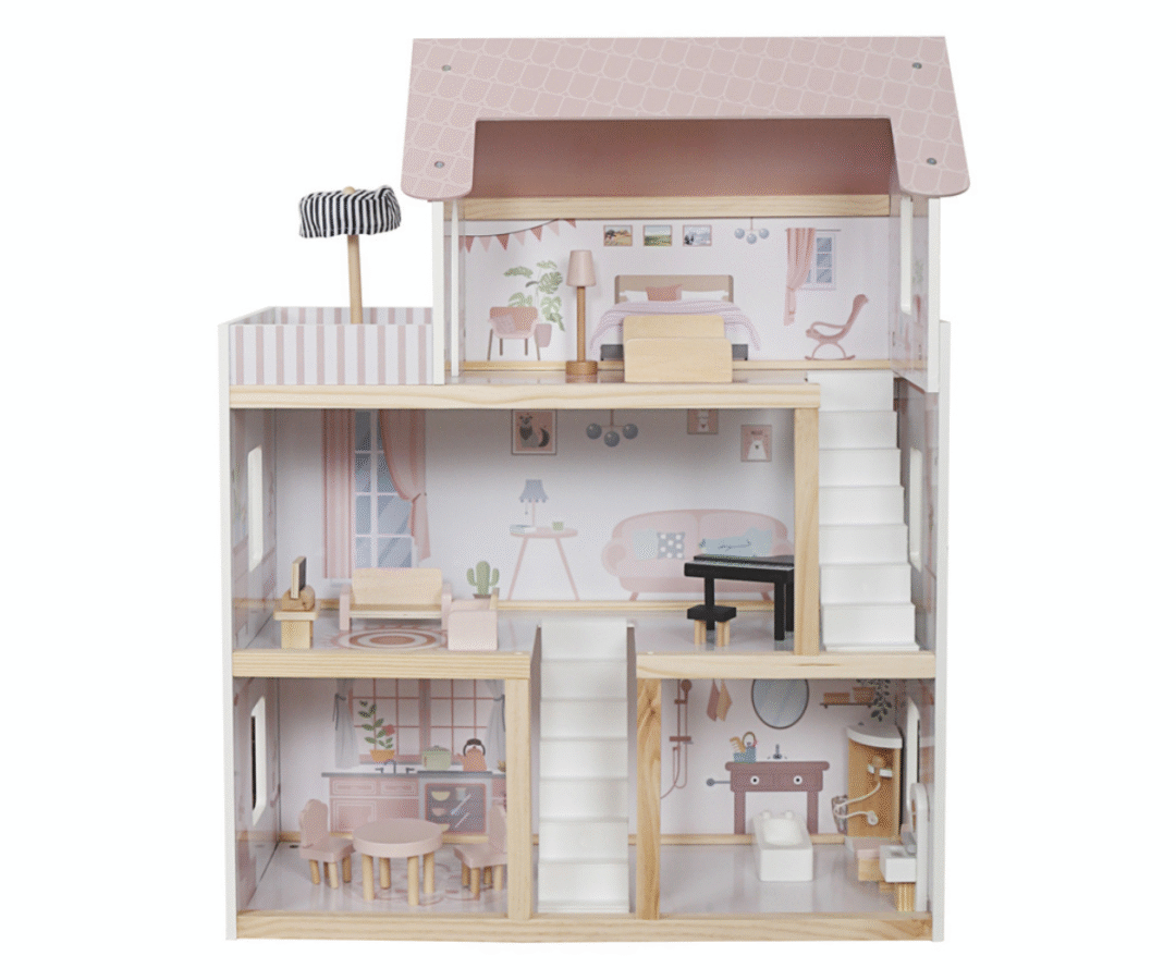 Nukumaja interjöör koos roosa mööbli ja LED-tuledest hubase valgusega.