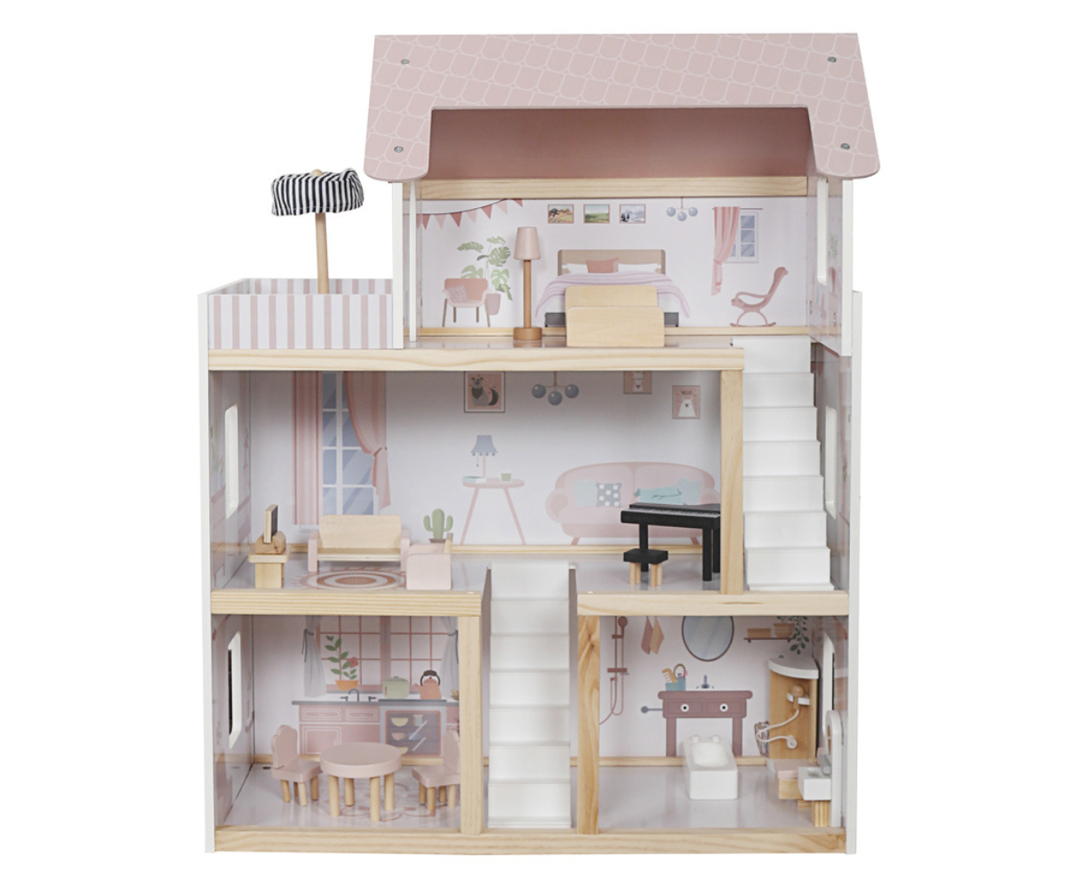 Nukumaja interjöör koos roosa mööbli ja LED-tuledest hubase valgusega.