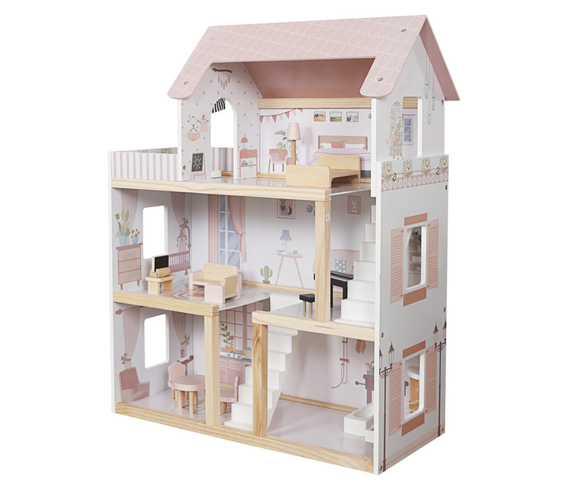 Laps mängimas LED-valgustusega puidust nukumajaga.