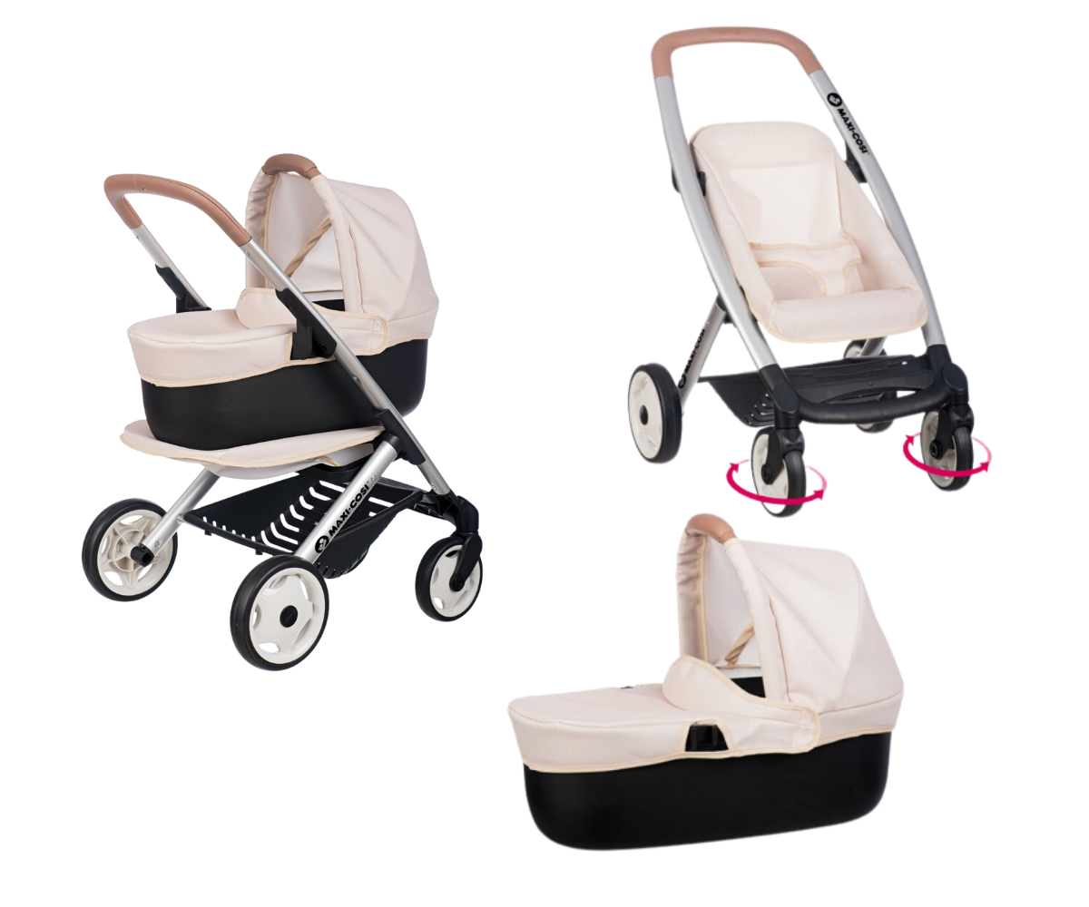 Laps mängimas Smoby Maxi-Cosi nukuvankriga toas, nukk vankris sees